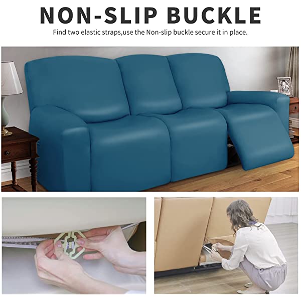 Easy-Going PU Leather Recliner Sofa Slipcovers, Waterproof Stretch Sofa Covers, 8 Pieces Stretch Furniture Protector, Elastic Strap Shield Pets Kids Children Cats Dogs Beige