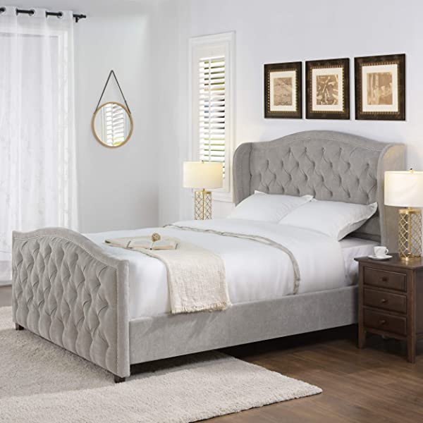 Jennifer Taylor Home Marcella Collection Queen Wingback Tufted Hand-Applied Nail Heads Upholstered Bed, Antique White Antique White Queen