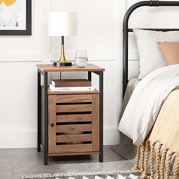 VASAGLE Nightstand, End Table with Open Shelf, Steel Frame, Bedroom, Industrial, Rustic Brown + Black