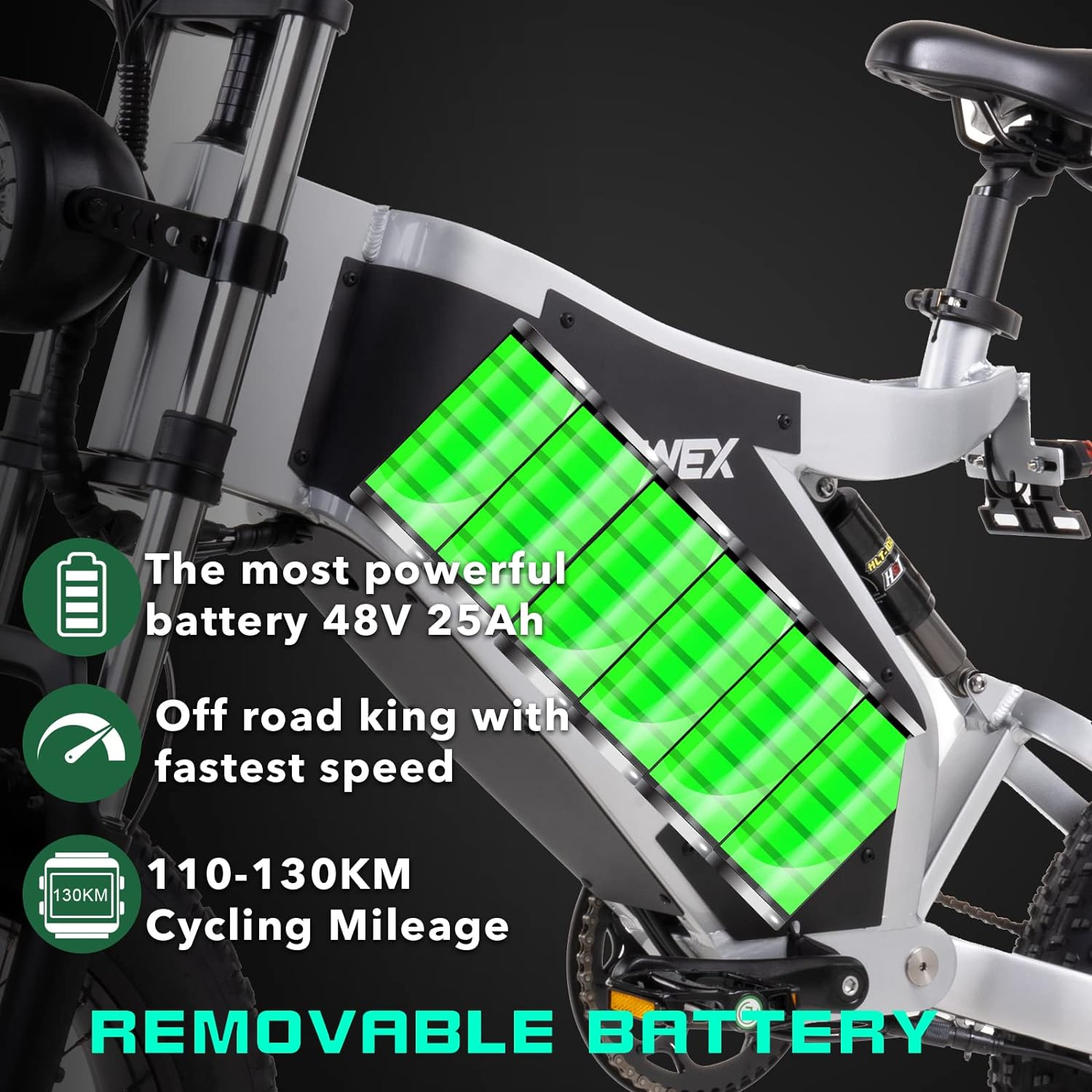 RZOGUWEX Electric Bicycle，20 Inch Off-Road EBIKE for Adults with 48V 25AH Detachable Lithium Ion Battery, 7 Speed Snow Bike with Dual Shock Absorbers and Brush-less Motor