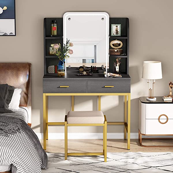 Vanity Set with LED Lighted Mirror and Cushioned Stool, Large Vanity Table Dressing Table Desk with Storage Shelves and 2 Drawers for Bedroom (Gold/w Lights)
