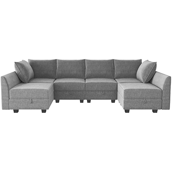 HONBAY Convertible Sectional Sofa U Shaped Couch with Reversible Chaise Modular Oversized Couch Sectional Sofa with Ottomans, Aqua Blue U Shape Sofa-1 Blue