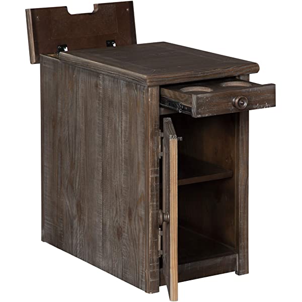 Signature Design by Ashley Tyler Creek Rustic Chair Side End Table with Pull-Out Tray & USB Ports, Brown Blackish Brown Table
