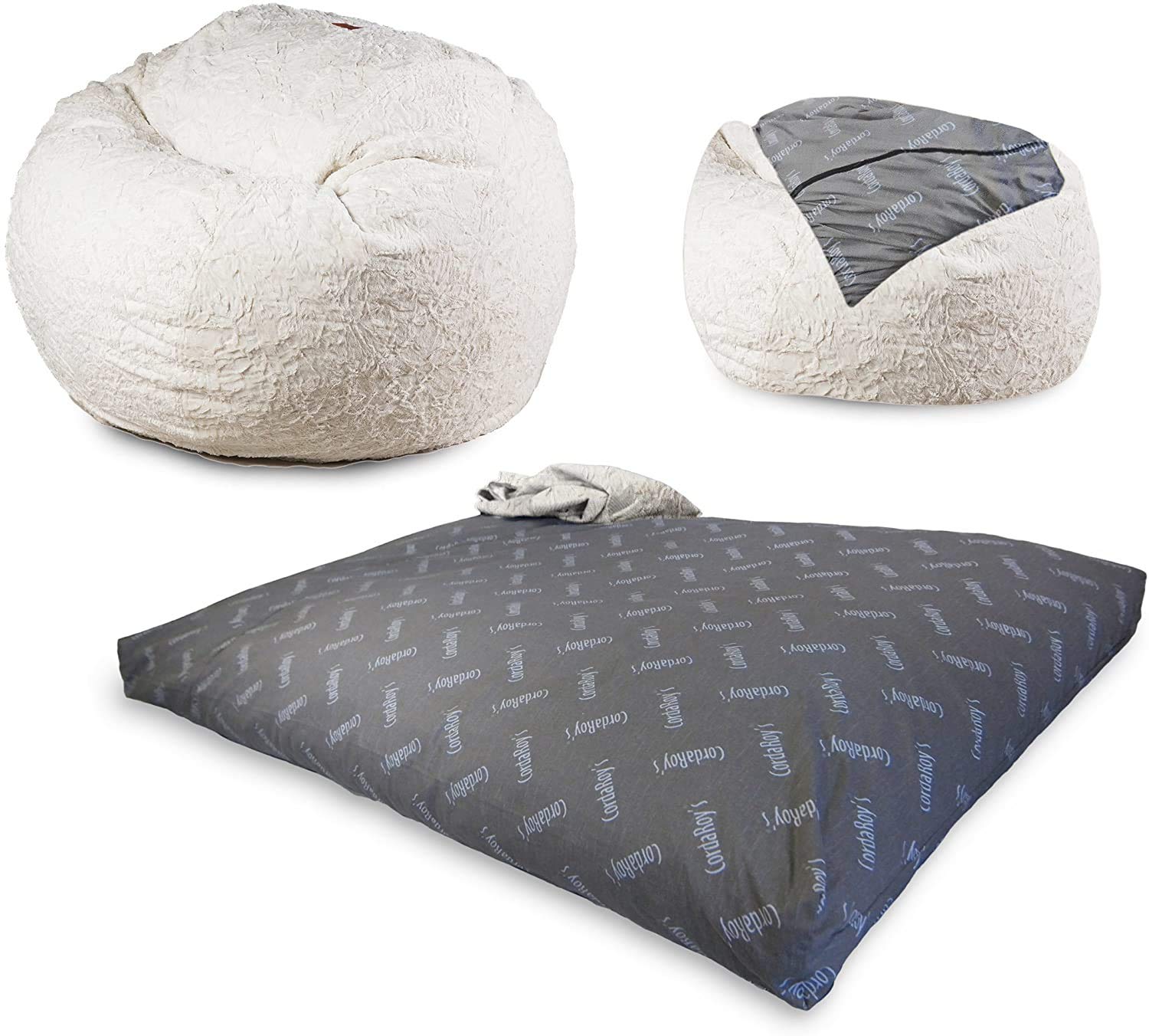 【Furniture】Faux Fur Bean Bag Chair, Convertible Chair Folds from Bean Bag to Bed, As Seen on Shark Tank