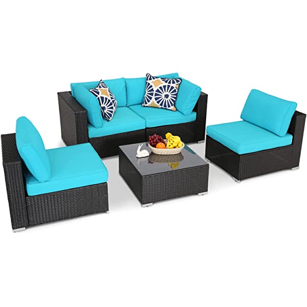 Do4U 5 Pieces Outdoor Patio Furniture Set PE Rattan Patio Set Porch Furniture Cushioned Patio Chairs Set Patio Conversation Set for Garden Balcony Porch Poolside Lawn (Blue)