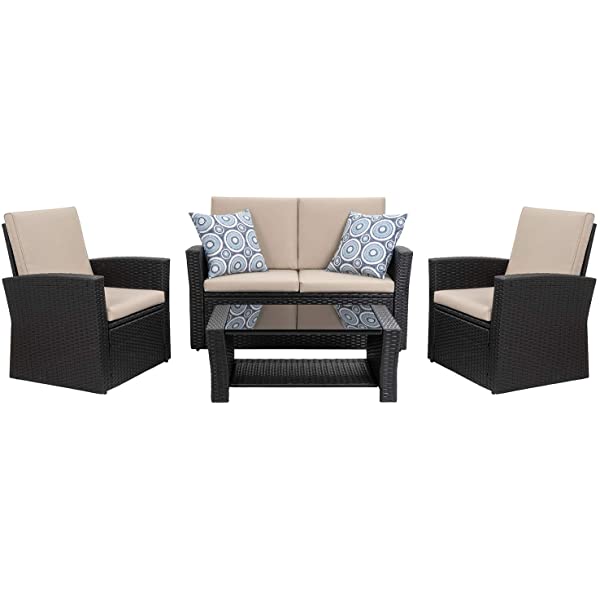 Shintenchi 4-Piece Outdoor Patio Furniture Set, Wicker Rattan Sectional Sofa Couch with Glass Coffee Table | Black