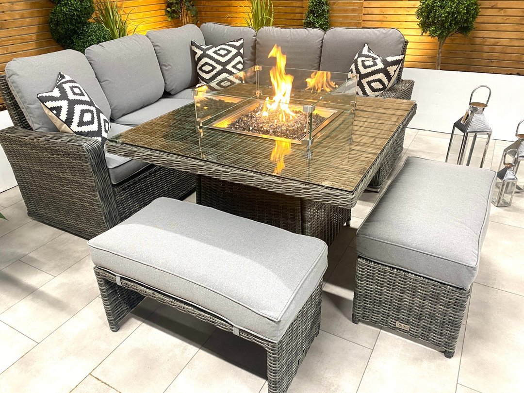 Chimes - Stone Grey Milan Deluxe Corner Dining Set With Firepit Table