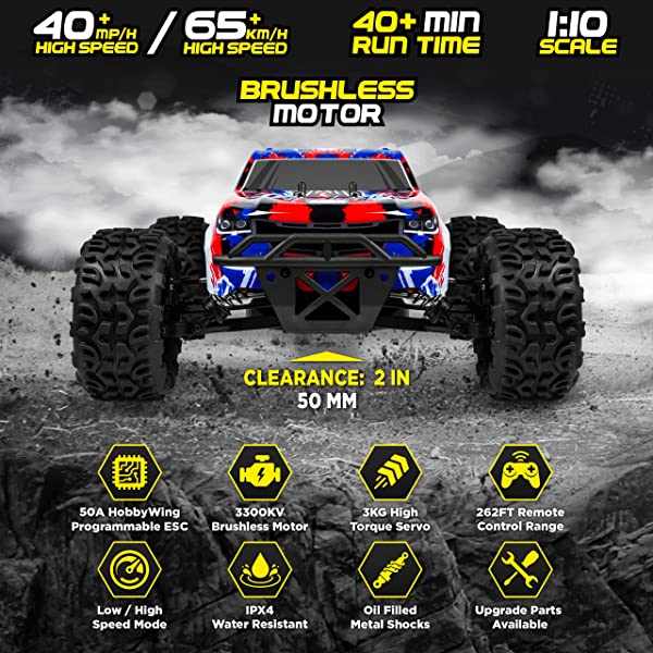 1:10 Scale Large RC Cars 50+ kmh Speed - Boys Remote Control Car 4x4 Off Road Monster Truck Electric - Hobby Grade Waterproof Toys Trucks for Kids and Adults - 2 Batteries + Connector for 40+ Min Play Black - Red 1:10 Scale 31 mph