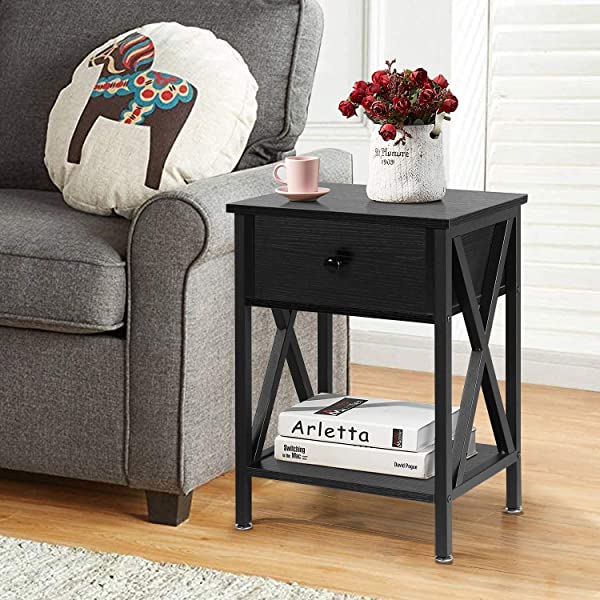 VECELO Modern Versatile Nightstands X-Design Side End Table Night Stand Storage Shelf with Bin Drawer for Living Room Bedroom, Brown+Black Brown+black Modern