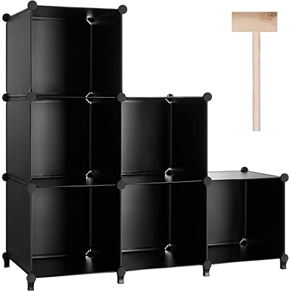 Puroma Cube Storage Organizer 6-Cube Closet Storage Shelves with Wooden Mallet DIY Closet Cabinet Bookshelf Plastic Square Organizer Shelving for Home, Office, Bedroom - Black Black Medium