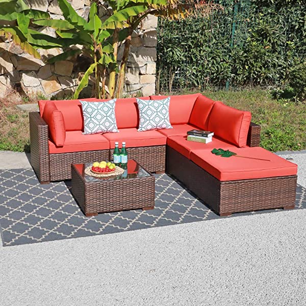 OC Orange-Casual 6-Piece Outdoor Patio Sectional Sofa Set Brown Wicker Furniture Set with Turquoise Seat Cushions & Tempered Glass Coffee Table