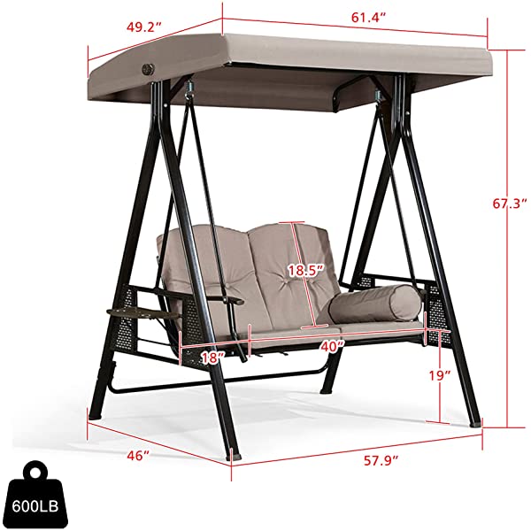 PURPLE LEAF 3-Seat Deluxe Outdoor Patio Porch Swing with Weather Resistant Steel Frame, Adjustable Tilt Canopy, Cushions and Pillow Included, Beige 74.4
