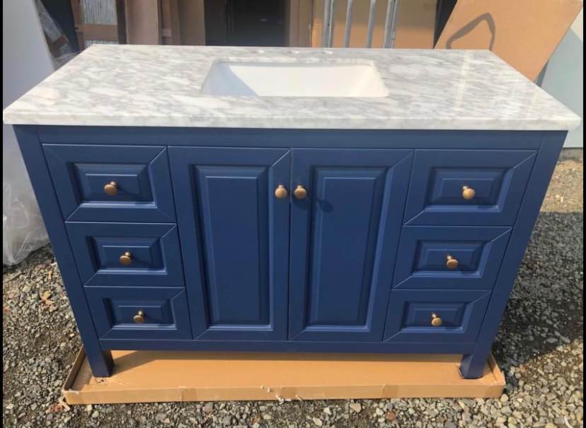 New in box! 48” Single Sink Navy Blue Bathroom Vanity Cabinet w Marble Top- solid Wood cabinet