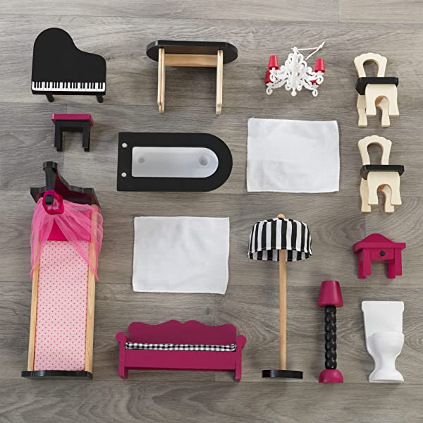 Wooden Dollhouse with Elevator, Balcony and 15-Piece Accessories, Pink, Gift for Ages 3+