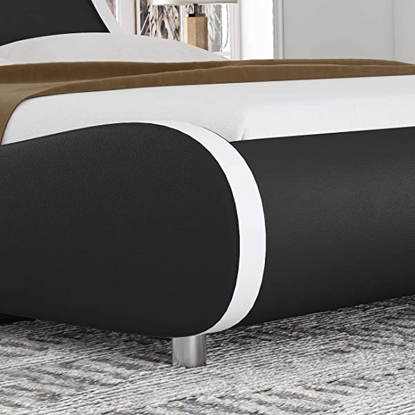 SHA CERLIN King Size Platform Bed, Faux Leather Low Profile Sleigh Bed Frame with Adjustable Headboard, Wood Slat Support, Black & White Black + White King