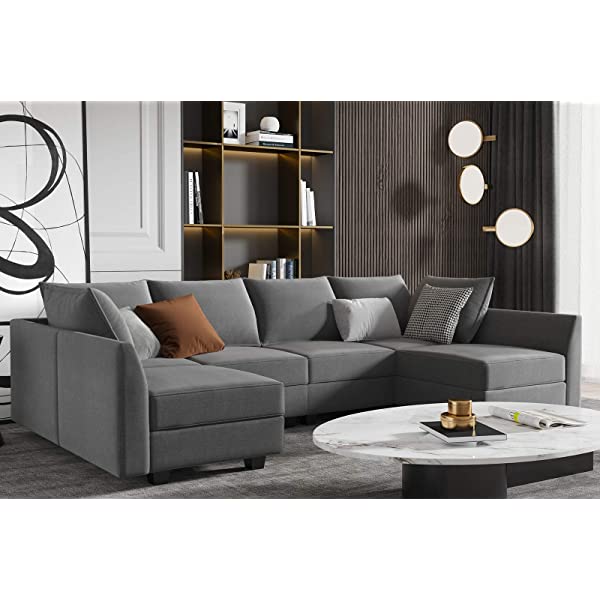 HONBAY Convertible Sectional Sofa U Shaped Couch with Reversible Chaise Modular Oversized Couch Sectional Sofa with Ottomans, Aqua Blue U Shape Sofa-1 Blue