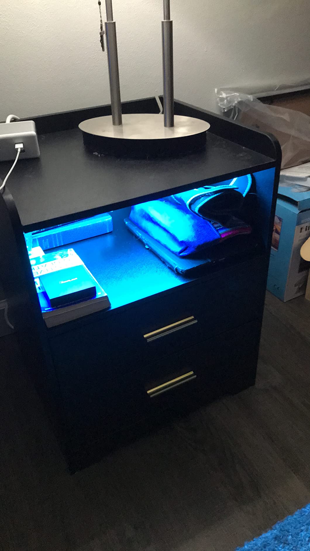 【Furniture】Black Nightstand with Charging Station, Night Stands with 2 Drawers, Smart Nightstand Bedside Table Led