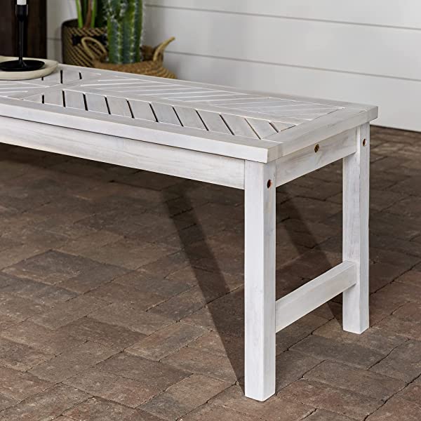 Walker Edison 5 Person Outdoor Wood Chevron Patio Furniture Dining Set Table Chairs Bench All Weather Backyard Conversation Garden Poolside Balcony, 4 Piece, Brown Brown 4 Piece Dining Set