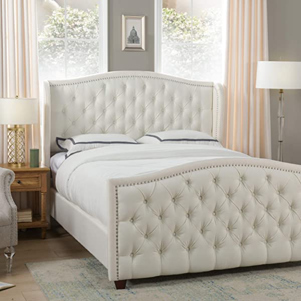 Jennifer Taylor Home Marcella Collection Queen Wingback Tufted Hand-Applied Nail Heads Upholstered Bed, Antique White Antique White Queen
