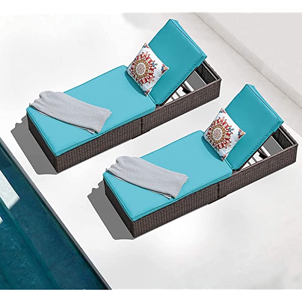 Patiorama Patio Chaise Lounge Chair, Sun Lounger, Outdoor Pool Beach Brown PE Rattan Wicker Reclining Chair W/Adjustable Backrest and Removable Cushion (Beige), Set of 2 2 Brown