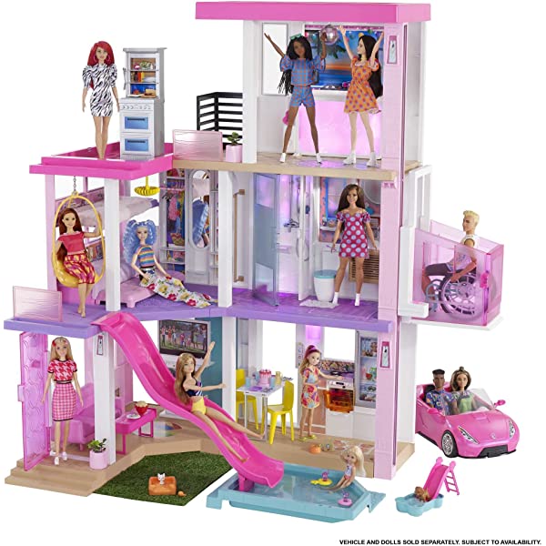 Barbie Dreamhouse (3.75-ft) 3-Story Dollhouse Playset with Pool & Slide, Party Room, Elevator, Puppy Play Area, Customizable Lights & Sounds, 75+ Pieces, Gift for 3 to 7 Year Olds, New for 2021