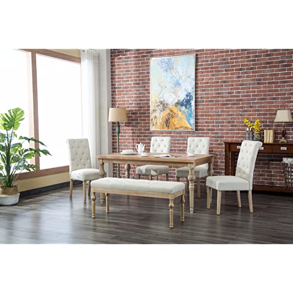 Roundhill Furniture Habitanian 6-Piece White Wash Dining Set with Tufted Chairs and Bench, Beige