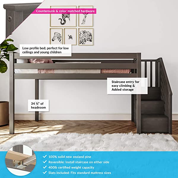 Max & Lily Twin Low Loft Bed with Staircase, White White Low Loft + Staircase Bed