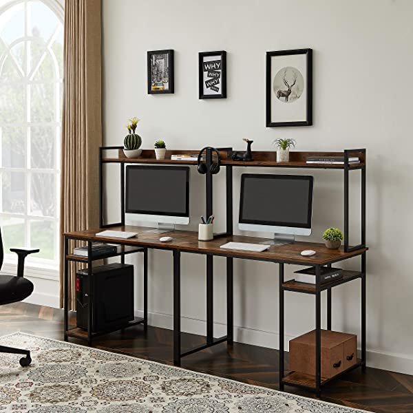 Computer Desk Home Office, Home Office Double Workstation Desk, Two Person Computer Desk with Storage, Spacious Tabletop, Multifunction Writing Desk with Shelf