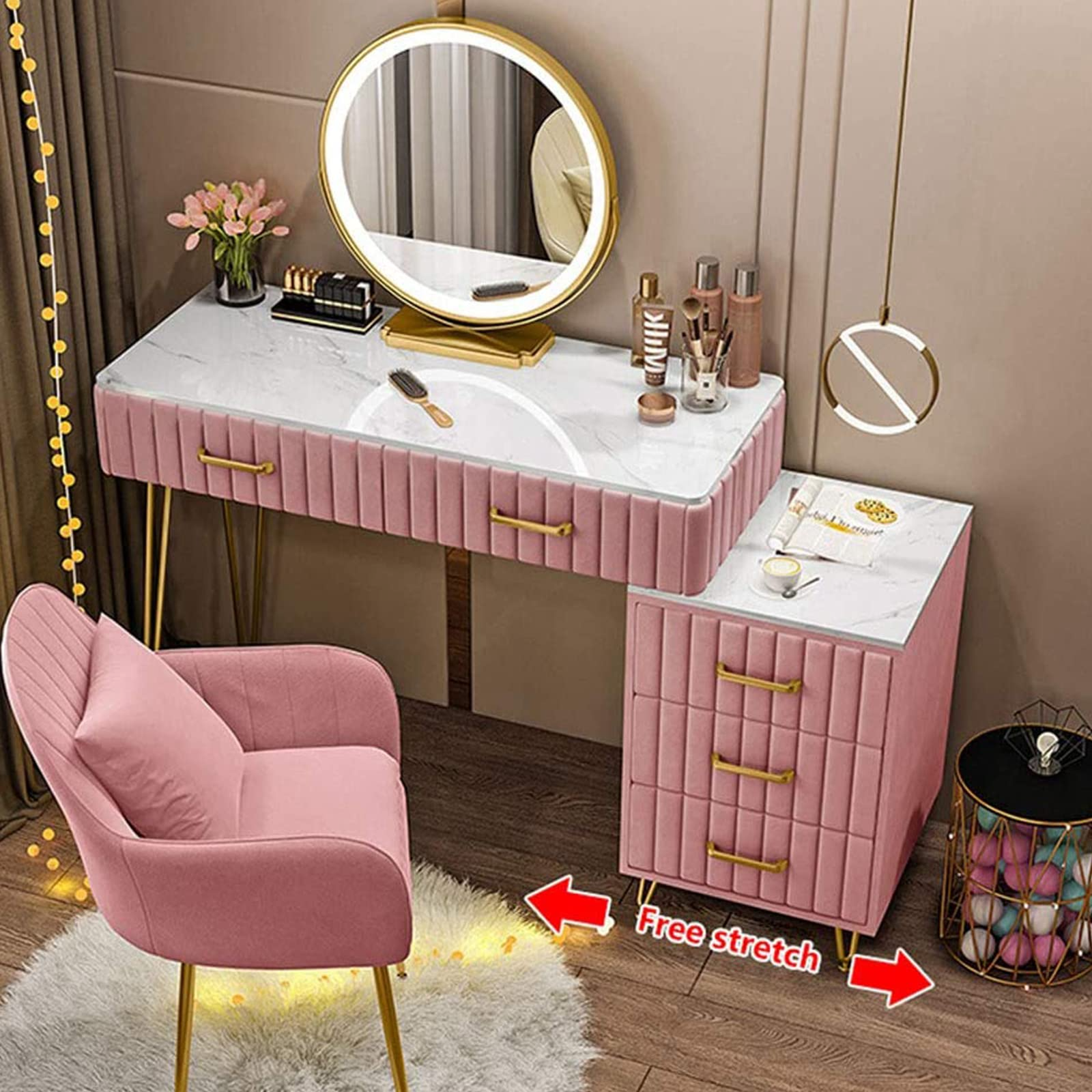 【Furniture】Marble Dresser Set with Illuminated LED Touch Screen Dimmable Round Mirror Makeup Cabinet