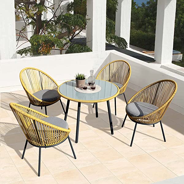 OC Orange-Casual 5 Pieces Patio Conversation Set, Outdoor Furniture Set, All-Weather Wicker Chairs with Round Glass Top Table and 4 Chairs, for Garden,Backyard, Indoor Outdoor Use, Yellow