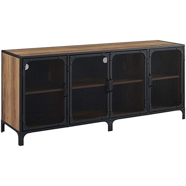 Walker Edison Malcomb Urban Industrial Metal Mesh Double Door Rolling Bar Cabinet, 33 Inch, Rustic Oak Rustic Oak 33 Inch