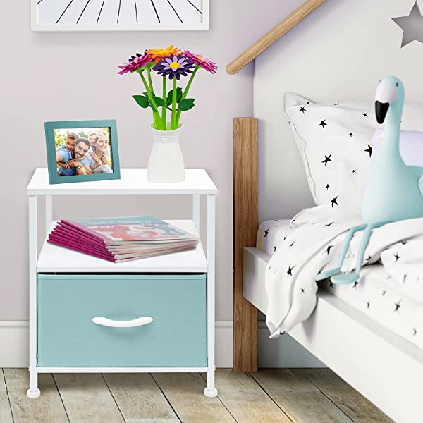 Sorbus Nightstand 1-Drawer Shelf Storage- Bedside Furniture & Accent End Table Chest for Home, Bedroom, Office, College Dorm, Steel Frame, Wood Top, Easy Pull Fabric Bins (Rustic Wood)