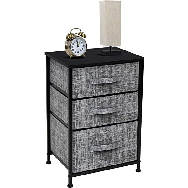 Sorbus Nightstand with 3 Drawers - Bedside Furniture & Accent End Table Chest for Home, Bedroom Accessories, Office, College Dorm, Steel Frame, Wood Top, Easy Pull Fabric Bins (Gray) Grey