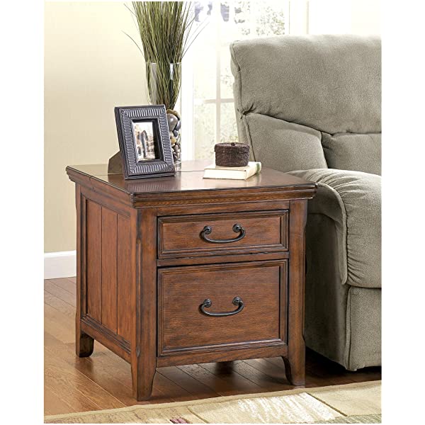 Signature Design by Ashley Tyler Creek Rustic Chair Side End Table with Pull-Out Tray & USB Ports, Brown Blackish Brown Table