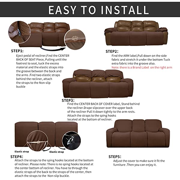 Easy-Going PU Leather Recliner Sofa Slipcovers, Waterproof Stretch Sofa Covers, 8 Pieces Stretch Furniture Protector, Elastic Strap Shield Pets Kids Children Cats Dogs Beige