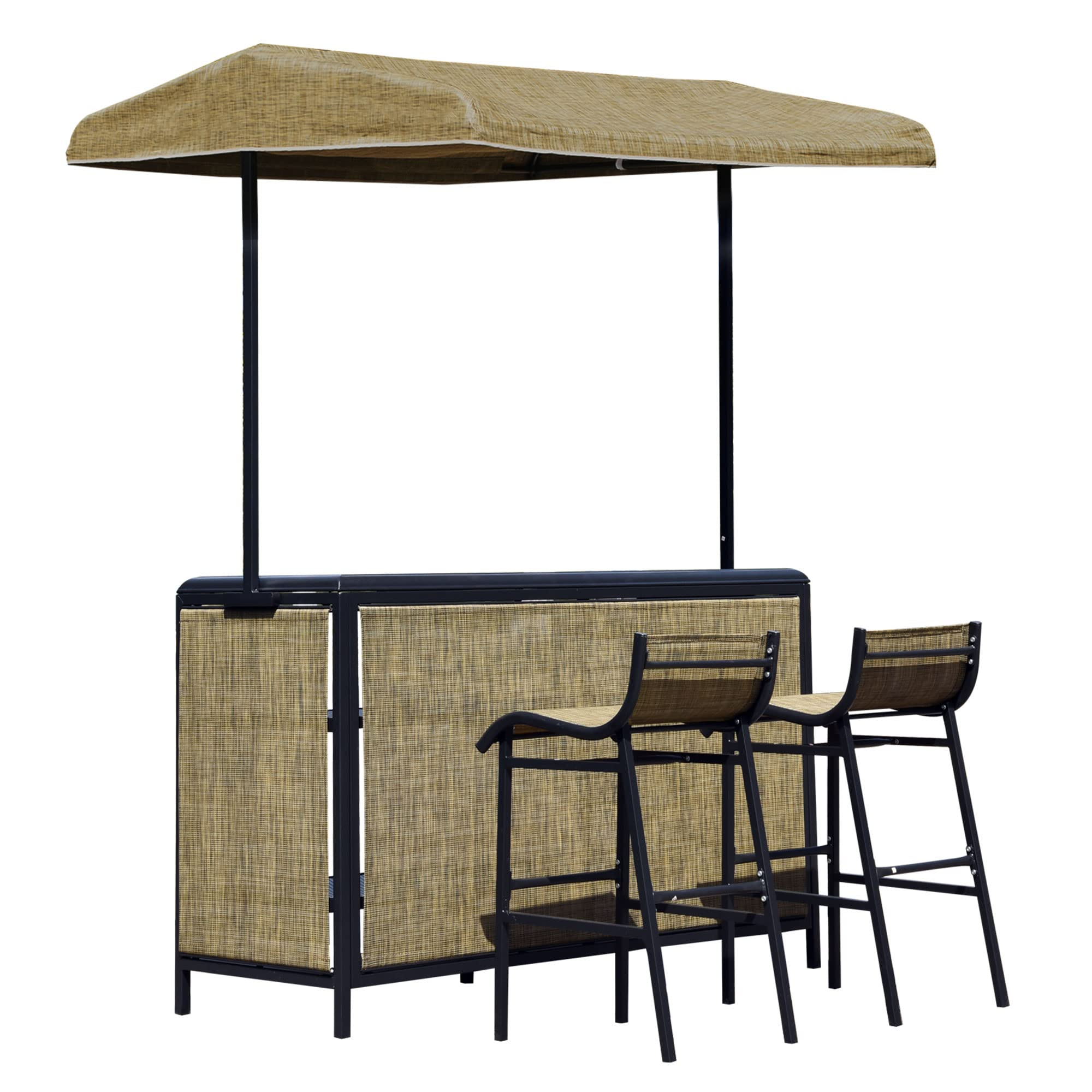 【Home&Garden】3 Pcs Outdoor Bar Set for 2 with Canopy, Rectangular Table with Storage Shelves & 2 Bar Chairs