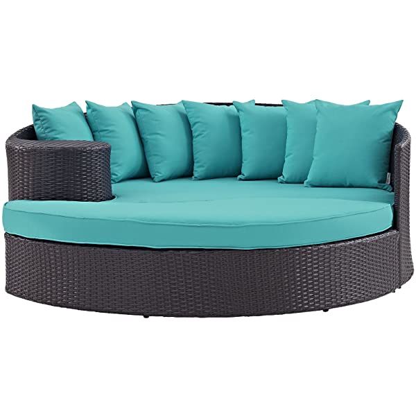 Modway Convene Wicker Rattan Outdoor Patio Poolside Sectional Sofa Daybed with Cushions in Espresso Turquoise