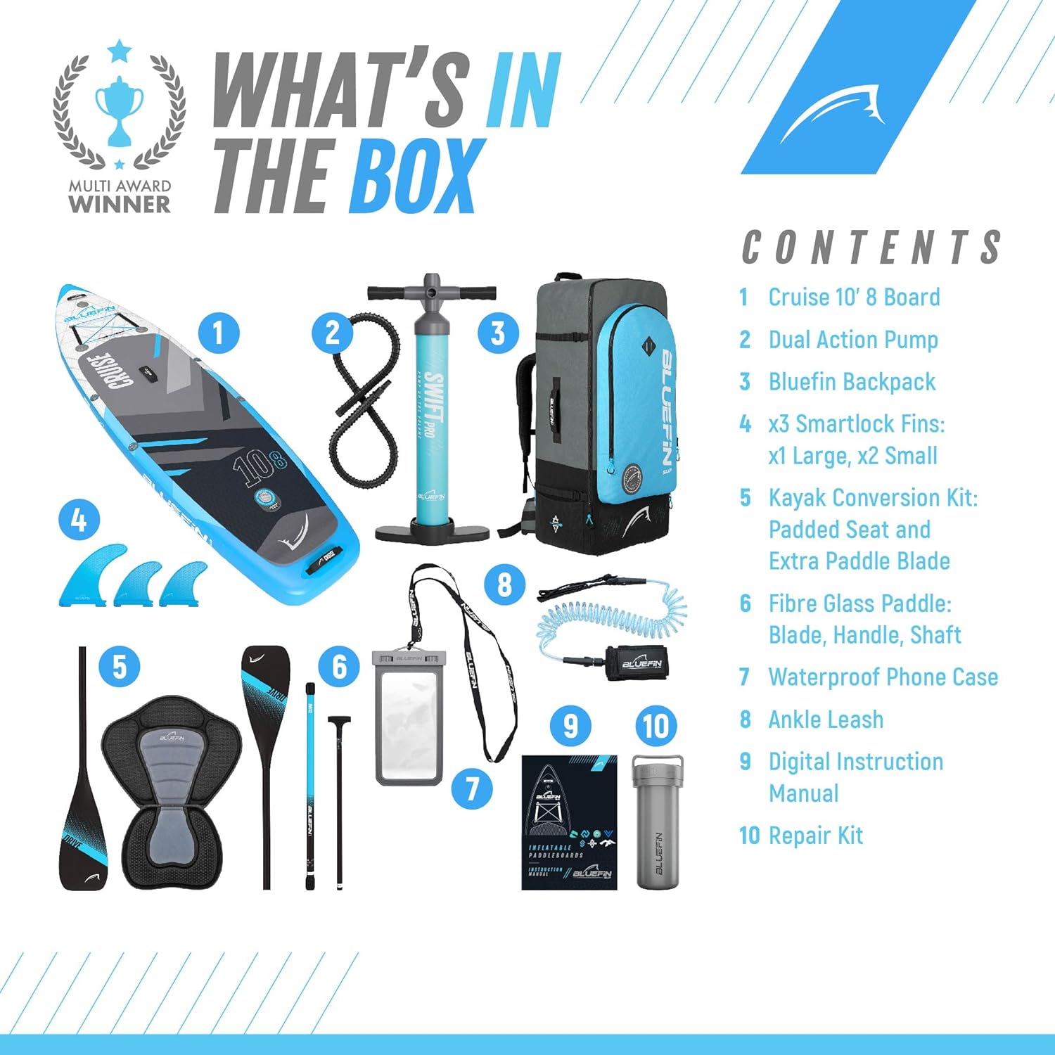 Bluefin Cruise SUP Inflatable Stand Up Paddle Board | Premium Paddleboard Accessories | Multiple sizes: Kids, 9'8, 10'4, 10’8, 12’, 15'