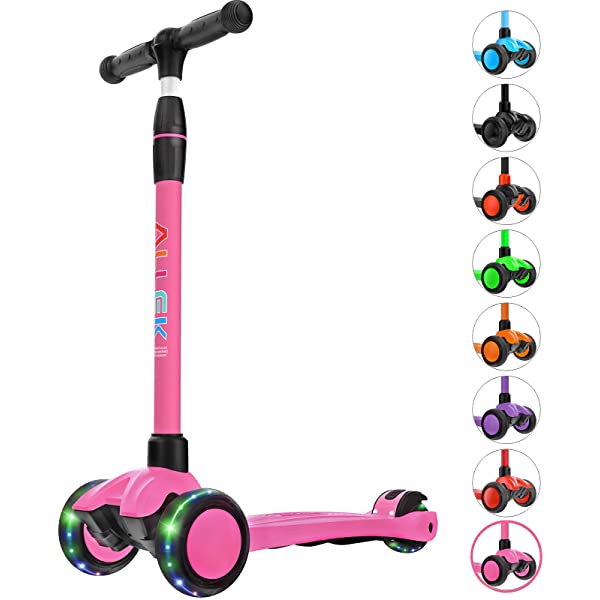 Allek Kick Scooter B03, Lean 'N Glide 3-Wheeled Push Scooter with Extra Wide PU Light-Up Wheels, Any Height Adjustable Handlebar and Strong Thick Deck for Children from 3-12yrs (Rose Pink)