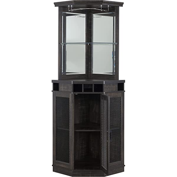 Home Source Stone Grey Corner Bar Unit with Built-in Wine Rack and Lower Cabinet