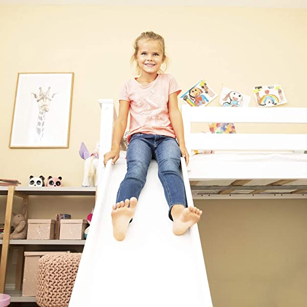 Max & Lily Twin Low Loft Bed with Staircase, White White Low Loft + Staircase Bed