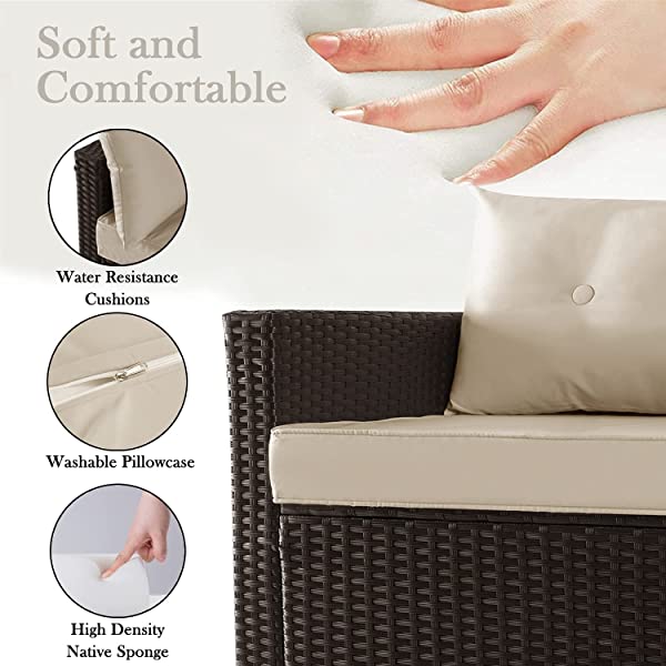 Allewie Dark Grey Patio Conversation Set, 3 Pieces PE Wicker Rattan Outdoor Furniture Set, Lounge Sofa and Loveseat with Cushions, Tempered Glass Coffee Table (Black & Dark Grey) Dark Grey & Black