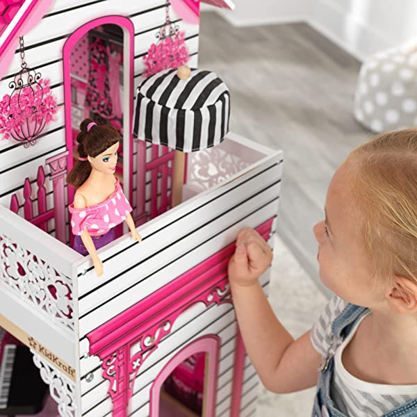 Wooden Dollhouse with Elevator, Balcony and 15-Piece Accessories, Pink, Gift for Ages 3+