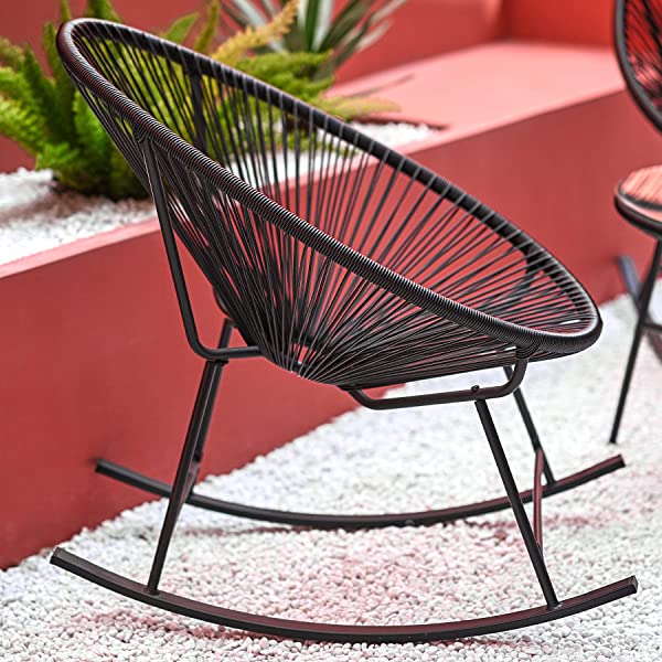 VONLUCE 3 Piece Outdoor Acapulco Bistro Set, Patio Furniture Set with Glass Top Table and 2 Rocking Chairs with Hand-Woven Rope, All Weather 3pc Conversation Set for Balcony and Patio Décor, Black