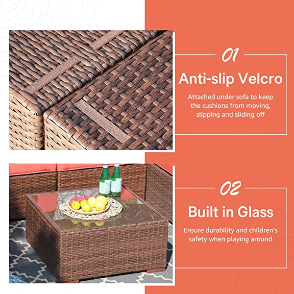 OC Orange-Casual 6-Piece Outdoor Patio Sectional Sofa Set Brown Wicker Furniture Set with Turquoise Seat Cushions & Tempered Glass Coffee Table