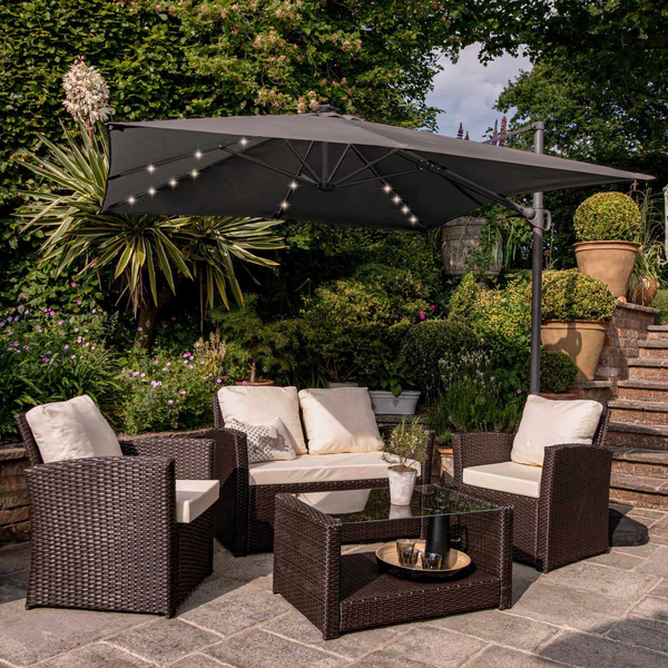 Cote Garden Sofa Set - LED Cantilever Parasol - 4 Seater - Black Rattan