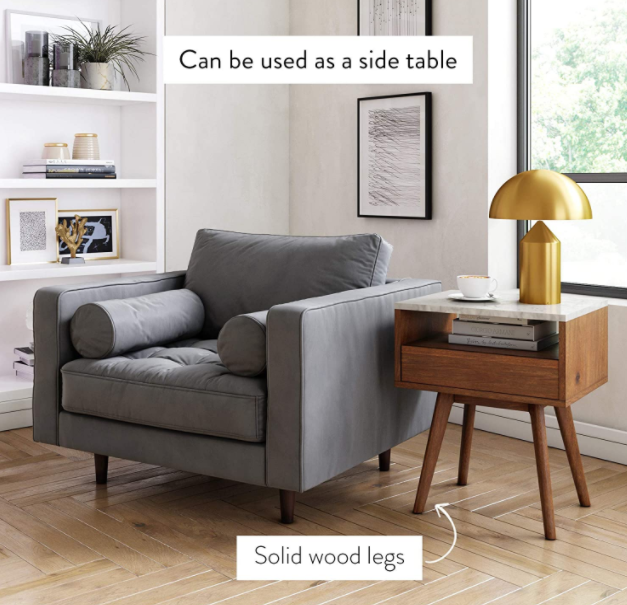 Nathan James James Mid-Century Rectangle Accent Side or End Table Walnut Finish Wood and Faux Marble Top with Storage Nightstand, Frame, White/Brown