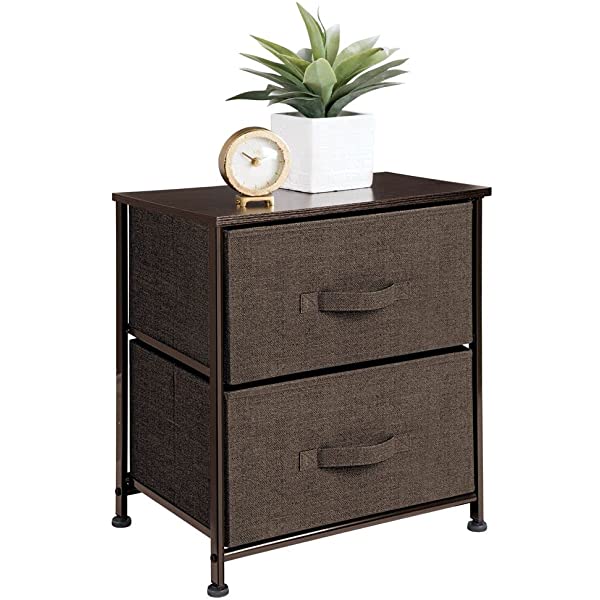mDesign Storage Dresser End/Side Table Night Stand Furniture Unit - Small Standing Organizer for Bedroom, Office, Living Room, and Closet - 2 Drawer Removable Fabric Bins - Gray/White Grey
