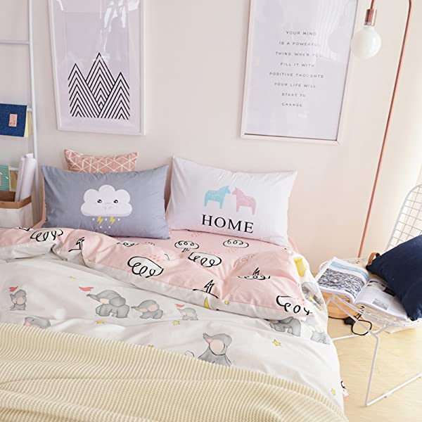 New Cartoon Animals Elephant Print Duvet Cover Sets for Kids 100% Cotton Reversible Soft 3 Pieces Kids Bedding Duvet Cover Pillowcases Kawaii Cloud Bedding Sets, Queen/Full Full/Queen (1 Duvet Cover + 2 Pillowcases) Multi A00 Elephant Bunny Balloon