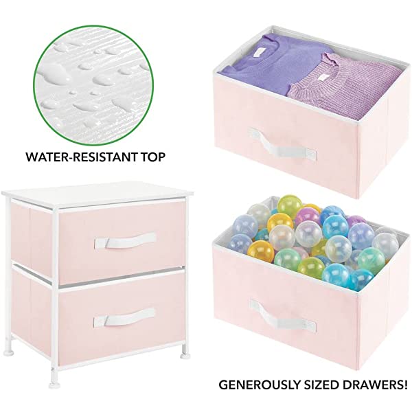 mDesign Storage Dresser End/Side Table Night Stand Furniture Unit - Small Standing Organizer for Bedroom, Office, Living Room, and Closet - 2 Drawer Removable Fabric Bins - Gray/White Grey